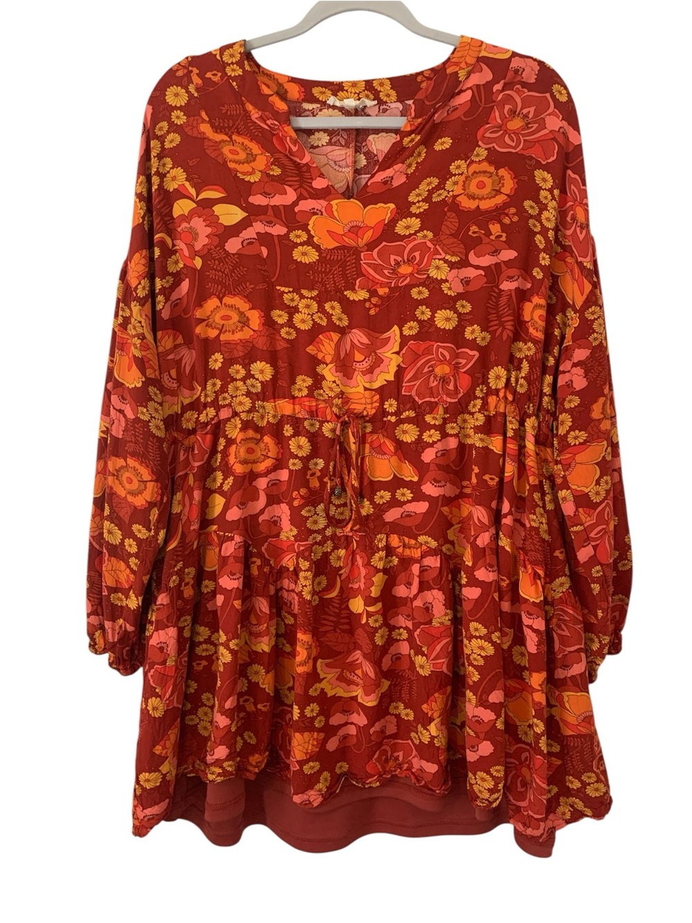 Entro Boho Floral Tiered Mini Dress Rust Orange Yellow Long Sleeve V-Neck Large